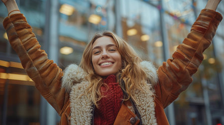 A woman with red hair is smiling and joyfully lifting her arms in the air.の素材