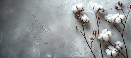 White cotton flowers arranged on a solid gray surface, showing natural beauty in a minimalist setting.の素材