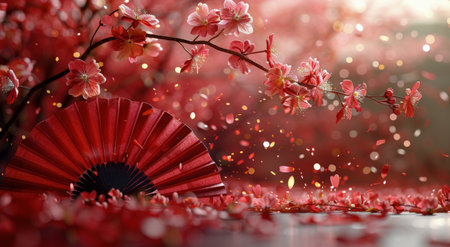 A close-up photo of red flowers and a red fan with golden lights in the background.の素材