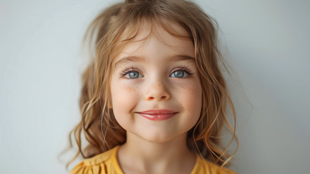 A close-up view of a childs face showing their striking blue eyes in detail.の素材