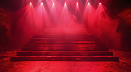A red stage with steps is illuminated by spotlights, creating a dramatic and atmospheric scene.の素材