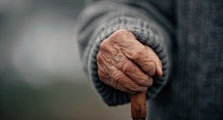 A close-up view of an elderly person's hand gripping a wooden walking stick. The hand is wrinkled and shows signs of age, while the background is blurred, suggesting a sense of time and experience.の素材