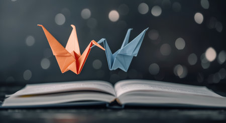 Two origami cranes, one red and one blue, fly over an open book. The book is on a wooden surface, and the background is blurred. The scene is peaceful and serene, suggesting a sense of calm and tranquility.の素材