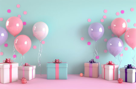 A light blue wall adorned with pink, white, and purple balloons and confetti. Wrapped gifts in foreground: white box with pink ribbon, blue box with pink ribbon, and white box with pink ribbon. Two other gifts have purple and white ribbonsの素材
