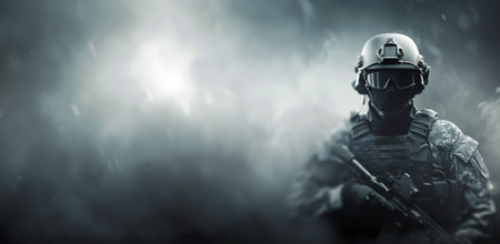 A soldier in camouflage gear and a helmet stands in front of a background of smoke and fog. The soldier's face is obscured by a balaclava and the only part of the face visible is the eyes.の素材