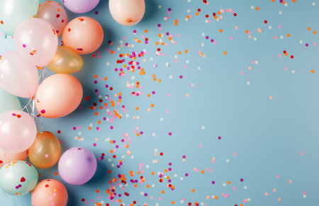 Pastel colored balloons are scattered on a light blue background with gold and pink confetti.の素材