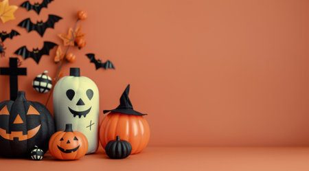 A group of pumpkins with various faces and a witch hat are arranged on an orange background, with bats and other Halloween decorations scattered around them.の素材
