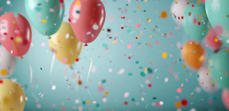 Confetti falls through the air around colorful balloons of various sizes and shapes. The balloons are primarily white, pink, blue, and yellow, and the confetti is primarily red, pink, and gold.の素材