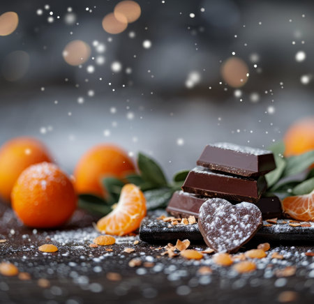 A stack of dark chocolate squares rests on a dark surface, surrounded by tangerine slices and dusted with powdered sugar. Snowflakes softly fall around the arrangement, creating a festive and inviting scene.の素材
