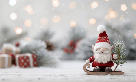 A small, festive gnome sits on a wooden sled, holding a snowy pine branch. The gnome wears a red knit hat, a red jacket, and white beard. The background is blurred and features bokeh lights and snowy trees.の素材