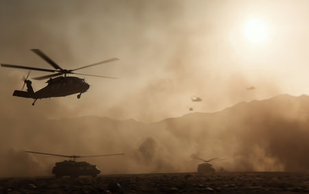 A Black Hawk helicopter flies through the air in a desert landscape, with another helicopter in the distance, as the sun sets and dust fills the air.の素材