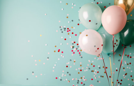 A group of brightly colored balloons float in front of a light blue background, surrounded by confetti. The balloons are mostly pastel colors, with some black and red mixed in.の素材