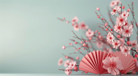 Pink cherry blossoms and paper fans arranged on a pink background.の素材
