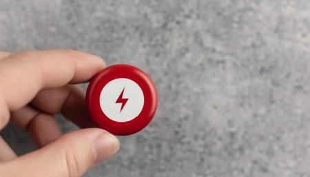 A hand holds a small, red and white lifebuoy with a crack running through it. The background is a blurred out gray surface.の素材