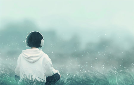 A woman wearing white headphones sits in a field of tall green grass, surrounded by fog. The background is a hazy, light blue with small white dots.の素材