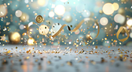 Two gold medals lay on a dark surface surrounded by gold confetti and ribbons, with a blurred background of festive lights.の素材