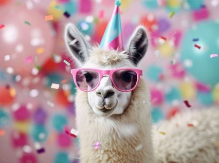 A llama wearing pink sunglasses and a blue party hat poses in front of a colorful background.の素材