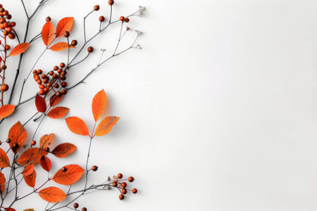 Red berries and autumn leaves are arranged on a white background. The branches are bare except for the red berries and orange leaves. The composition is simple and elegant, making it a perfect background for a variety of projects.の素材