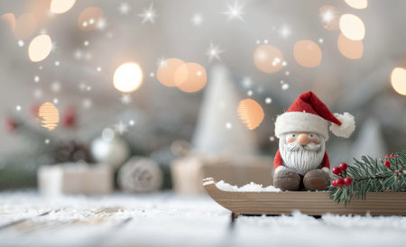 A small, festive gnome sits on a wooden sled, holding a snowy pine branch. The gnome wears a red knit hat, a red jacket, and white beard. The background is blurred and features bokeh lights and snowy trees.の素材