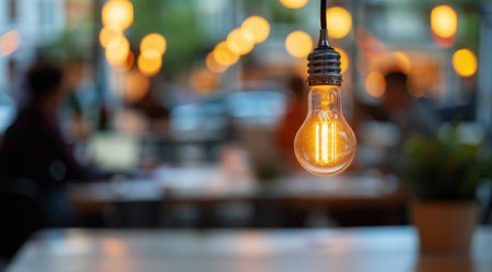 A single lightbulb hangs from the ceiling in a blurred office setting. The lightbulb is illuminated and casting a warm glow. The office space is out of focus, but there are several people sitting at desks and a potted plant in the foreground.の素材