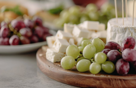 On a wooden platter, cheese cubes and green grapes await, ready to be enjoyed. The fresh, plump grapes and bite-sized cheese pieces sit against a backdrop of blurred greenery, creating a rustic, inviting settingの素材