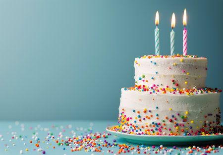 A two-tiered birthday cake with four lit candles sits on a white plate against a blue background with out-of-focus lights. Sprinkles adorn the cake and decorate the table.の素材