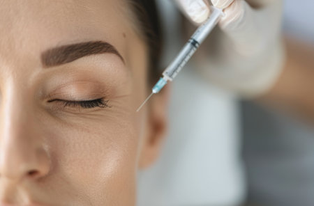 A close-up shot of a woman's eye as she receives an injection in her eyelid. Her eyes are closed, and the needle is visible.の素材