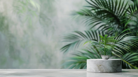 A small green plant sits atop a concrete podium in front of a blurred background of lush green foliage.の素材