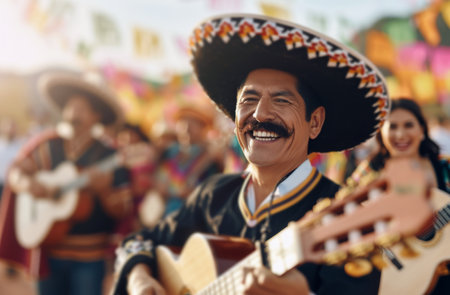 A man wearing a sombrero plays a guitar while smiling at the camera. He is surrounded by other musicians and a festive atmosphere.の素材