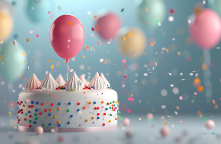A white birthday cake with three lit candles sits on a white table surrounded by colorful balloons and confetti. The cake is decorated with sprinkles and candy.の素材