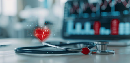A stethoscope rests on a white surface with a red digital heart graphic and an EKG line in the background.の素材
