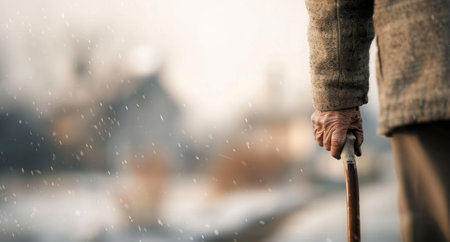 An elderly man's wrinkled hand grips a wooden walking stick, his face out of focus in the background.の素材