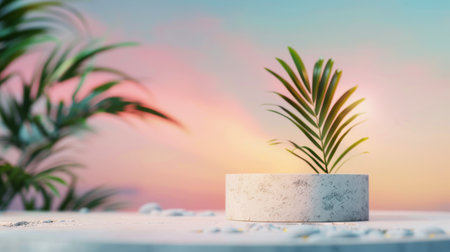 A single palm frond sits on a rough, concrete pedestal against a blurred background of a pink and blue sunset.の素材