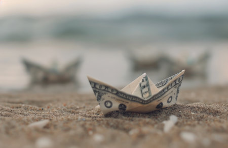 A paper boat made from a US dollar bill sits on a sandy beach. The boat is in focus, while the background is blurred to show a beach and water.の素材