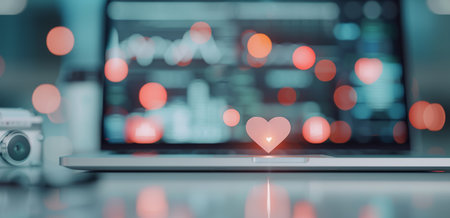 A red heart sits alone on a shiny floor in a hospital corridor, with blurred figures walking in the background.の素材
