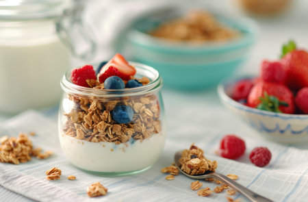 A glass jar filled with yogurt topped with granola and raspberries. The parfait sits on a white surface with a spoon and scattered granola.の素材