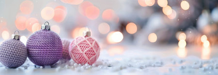 Four pink and purple knitted ornaments lie on a white snowy surface. The ornaments are in focus, while the background is blurred with out-of-focus lights.の素材