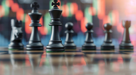 A black chess king stands in the foreground, in focus, on a chessboard. Other chess pieces are blurred in the background, along with a chart displaying a trend line.の素材