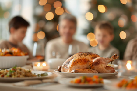 A close-up view of a dinner table set with roasted turkey and other dishes, surrounded by family members enjoying a meal. The setting is warm and inviting, with candles and soft lighting.の素材