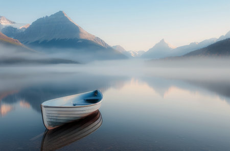 A small white boat sits on a calm, misty lake with a mountain range in the background. The surface of the water reflects the mountains and sky, creating a serene and tranquil scene.の素材