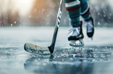 A hockey player skates on a frozen rink, holding a stick and gliding effortlessly on the ice. The background is blurry, with out-of-focus lights and snow.の素材