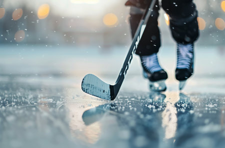 A hockey player skates on a frozen rink, holding a stick and gliding effortlessly on the ice. The background is blurry, with out-of-focus lights and snow.の素材