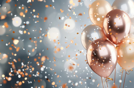 A group of gold and white balloons float against a background of blurred confetti. The balloons are tied together with ribbons and are floating in the air.の素材