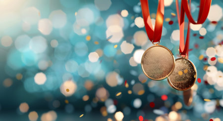 Two gold medals with red ribbons rest on a surface covered in confetti, with a background of out-of-focus golden and blue lights.の素材