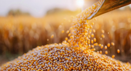 A red farm vehicle dumps harvested corn kernels into a field, creating a trail of golden grain. The machine is positioned in the center of the image, and the golden field extends out to the horizon.の素材