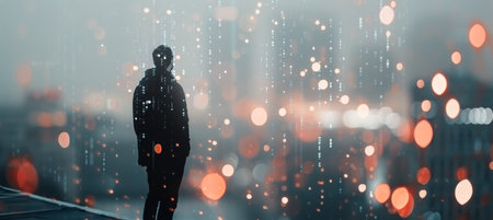 A man in a dark jacket stands facing away from the camera, looking out over a cityscape at night. The city lights are blurred, creating a bokeh effect. Snow is falling in the air.の素材