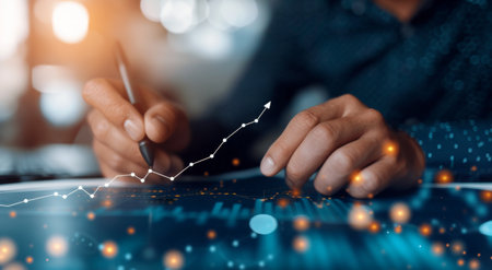 A man's hand, holding a pen, points to a bar graph. The graph shows a rising trend, with blue bars increasing in height and a line graph showing an upward curve. The background is blurry and features glowing lights, suggestive of an office setting.の素材