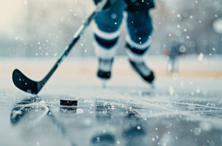 A hockey player skates on a frozen rink, holding a stick and gliding effortlessly on the ice. The background is blurry, with out-of-focus lights and snow.の素材