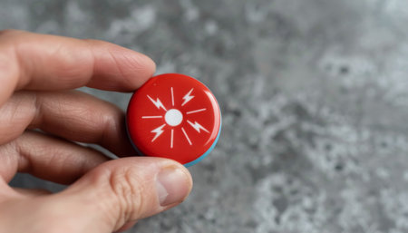 A hand holds a small, red and white lifebuoy with a crack running through it. The background is a blurred out gray surface.の素材