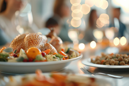 A roasted chicken sits on a platter with carrots and rosemary, in front of a group of people enjoying a meal.の素材